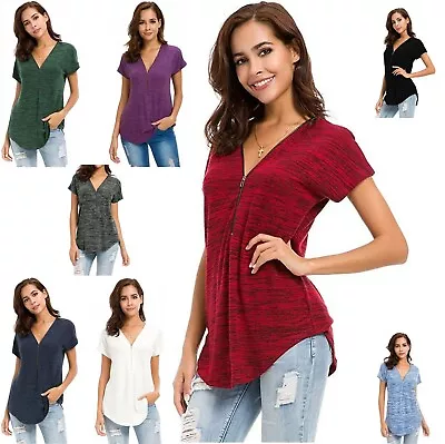 £8.19 • Buy Women's T Shirt Short Sleeve Zip Up V Neck Curve Hem Tunic Tops Relaxed Fit