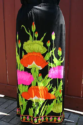 Vintage Size 16 Mr Dino Maxi Skirt W/ Side Slit Black W/ Neon Floral 28  Waist  • $75.95