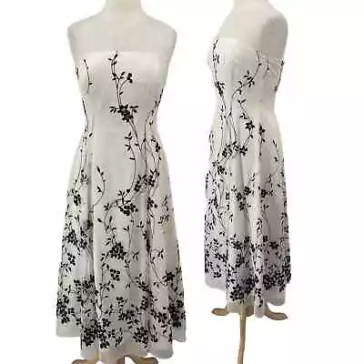 Vintage Floral Embroidered Midi Dress Fit & Flare Strapless Mesh White Black S • $65