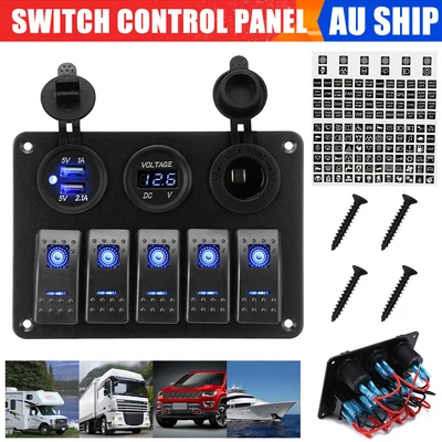 $31.95 • Buy 5 Gang 12V Switch Panel LED Rocker 2 USB ON-OFF Toggle For Boat Truck Caravan RV