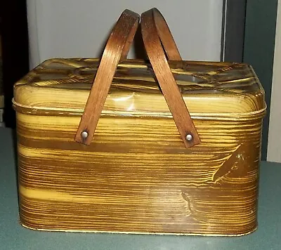 Vintage Wood Grain Look Metal Picnic Basket Bread Box Hinged Lid Wooden Handles • $15