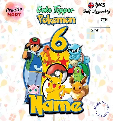 Personalised POKEMON Cake Topper Name & Age Birthday Party Decoration New • £2.75