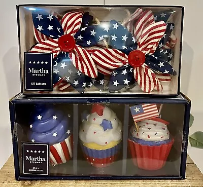 NIB Martha Stewart 4th Of July Patriotic Fabric Pinwheels Garland & 3 Cupcakes • $56.99