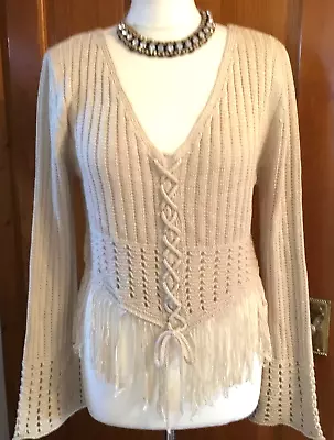 £14.99 • Buy Vintage,y2k,beige,cropped,crochet,fringe Boho Jumper/top Size M-12-14