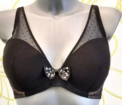 £15.99 • Buy Black Bra 40D Padded Underwired Moulded Diamante Bow Mesh Straps New