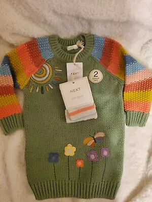 NEXT Baby Girls Green Rainbow Jumper Dress & Tights Outfit Set 18-24 Months • £21.99