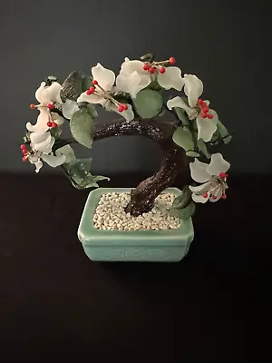 Vintage Jade Glass Bonsai Tree In Celadon Pot White Flower Blossoms 7  Tall • $28