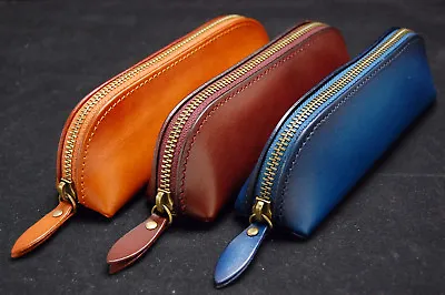 Genuine Leather Pencil Stationery Case Makeup Cosmetic Brush Bag Zipper • $18.39
