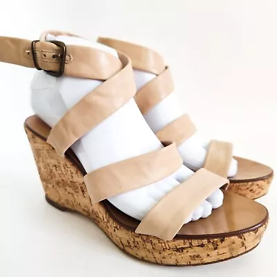 J Crew Tan Sevigne Strappy Washed Leather Cork 3.5  Wedge Sandals Women's Size 8 • $34.99