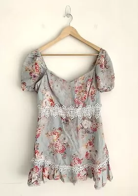 $40 • Buy Forever New Linen Blend Floral & Lace Trim Puff Sleeve Mini Dress Size 14