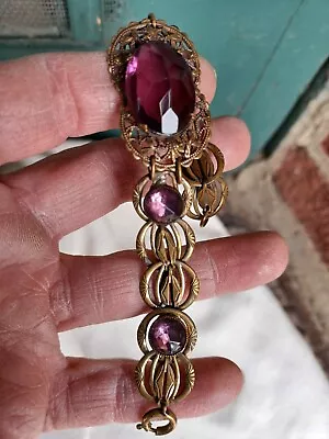 Vintage Deco Czech Era Amethyst Open Back Rhinestone Gold Tn Filigree Bracelet • $65