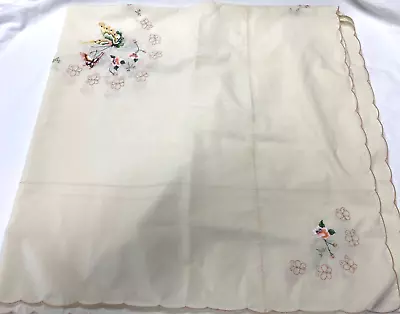 Vintage 46   Square Tablecloth With Scalloped Edges & Butterfly Design • $10