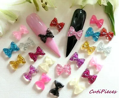 10/20pcs X 3D Acrylic Nail Art Pastel Glitter Bows Kawaii Embellishments Craft • £1.95