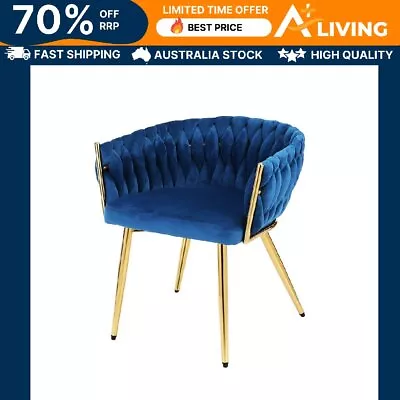 Velvet Dining Chair Woven Back Armrest High Resilience Foam Blue 150kg Capacity • $117.65