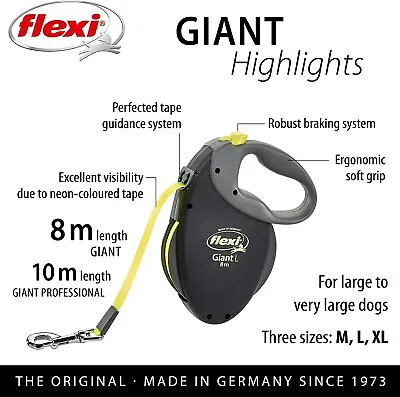 Flexi Giant Neon Dog Lead Retractable Extendable Tape Black 8m - 10m • £58.99