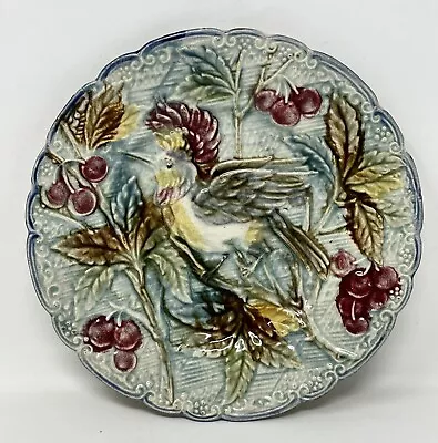 Antique Mouzin Lecat Wasmuel Majolica Pottery Plate W/Bird & Cherries Decoration • $74.95