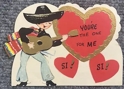 Vintage Valentines Card Mexican Vihuela Sombrero Is Is Youre The One For Me • $14.99