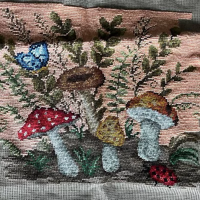 Vintage Pre-Worked INCOMPLETE Mushroom Fern Needlepoint Canvas Embroidery • $33