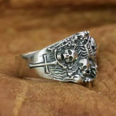 925 Sterling Silver Skulls Grave Ring Mens Biker Punk Ring TA257A US 7 To 15 • $83