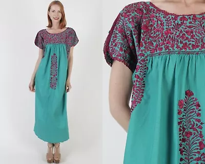 Womens Plus Size Oaxacan Dress Hand Embroidered Mexican Puebla Kaftan XL • $121.60