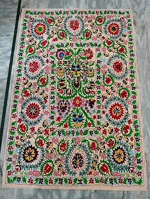 Hand Embroidered Uzbek Suzani Vintage Embroidery Throw Blanket Cotton Bedspread • $98