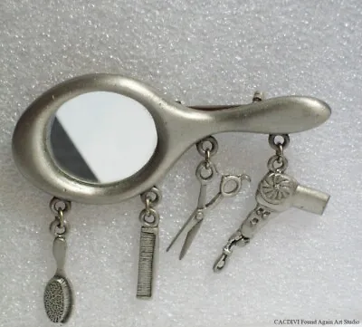 JJ Jonette Jewelry Hand Mirror Brooch Dangle Charms Brush Comb Scissors Pin Vtg • $14.99