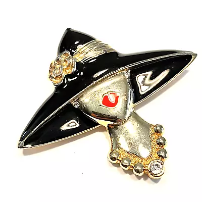 VINTAGE M JENT Enamel Brooch Fashion Lady W/ Red Lips Hat Gold Tone Brooch • $19.95