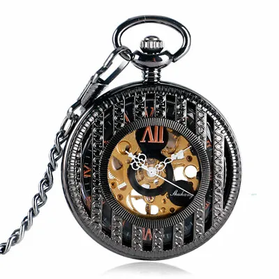 Silver Mechanical Pocket Watch For Men With Fob Chain Half Hunter Skeleton Dial • £19.19