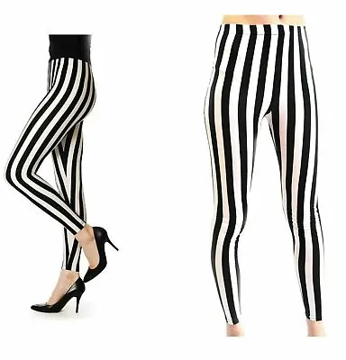 Womens Full Length Black And White Vertical Print Stripe Ladies Leggings UK • $9.90