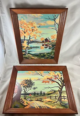 Pair Paint By Number Autumn Landscapes Finished Framed 18 X 14 Fall Vintage 1961 • $110