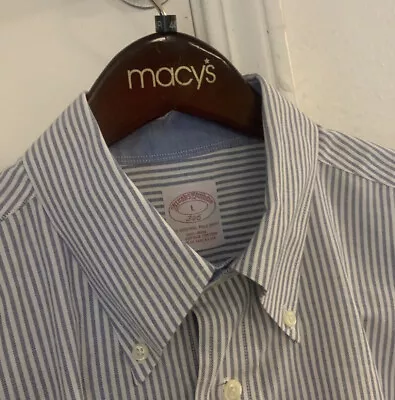New Brooks Brothers Blue Stripe Non Iron  Oxford Dress Shirt L 16.5 X 34 • $25