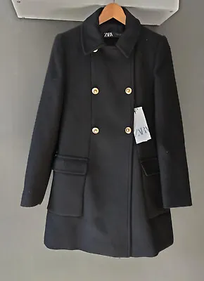 ZARA Wool Coat XS S Double Breasted Short With Gold Buttons Collar Black Collar • $74.53