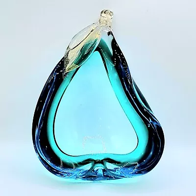 Vintage Murano Alfredo Barbini Pear Ashtray Glass Blue Green Gold Clear Fruit  • $15.50