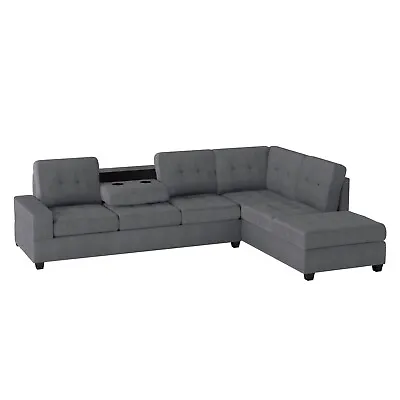 Dk Gray Reversible Chaise Sofa Sectional & Drop Down Table Living Room Furniture • $1199