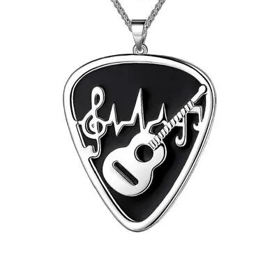 Guitar Pick Necklace - Stainless Steel Guitar With Music Note Pendant • $8.99