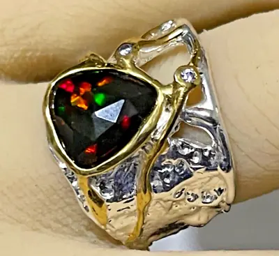 Natural Lightning Flash Black Opal Ring Gold 925 Sterling Silver Size 8 Men's 0r • $315