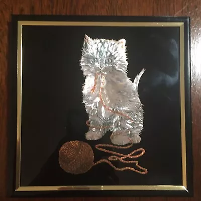 Vintage Kafka Metallic Art Framed Foil Picture Tabby Kitten With Yarn 6x6” • $17