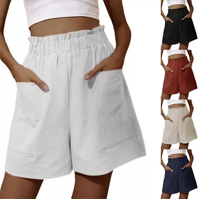 Womens Baggy High Waist Cotton Linen Shorts Ladies Solid Wide Leg Solid Pants UK • £9.99