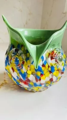 Beautiful Murano Glass Owl Vase  8  Large Hand Blown Green Confetti Colorful Art • $58