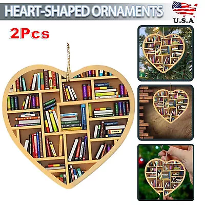2x Book Lovers Heart-Shaped Bookshelf Pendant Ornament Christmas Tree Decor Gift • $5.59