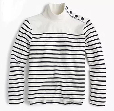 J.Crew Striped Anchor Button-Shoulder Turtleneck Top Sz M Long Sleeve White/Navy • $25.89