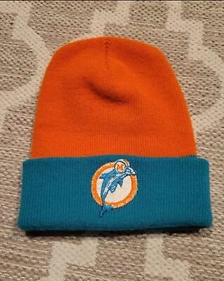 Vintage Miami Dolphins Beanie Cuffed Knit Winter Sport Orange Turquoise Hat • $20