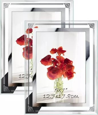 £12.99 • Buy Photo Frame Mirrored Edge Picture Slide In 5x7  Glass Tabletop Desk Top Set Of 2