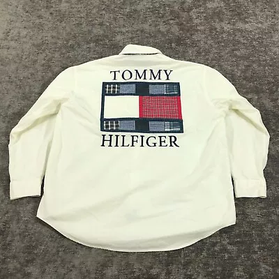 Vintage Tommy Hilfiger Shirt Mens XL White Big Flag Spell Out Long Sleeve Crest • $29.99