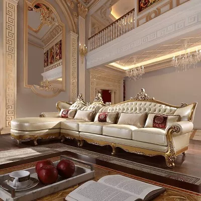 Elegant Formal Sectional Antique Gold Wood Trim Tufted Cream Leather W/ Pillows • $5899.99