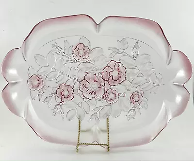 Walther Glass Mikasa Pink Rosella Crystal Rose Scalloped Large 16  Tray Germany • $30.03