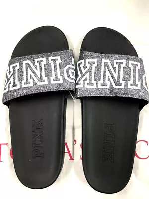 Victoria's Secret Pink Logo Single Strap Slides Silver Gray Glitter M(7/8) • $39.99