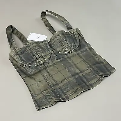 WE WORE WHAT Cropped Denim Corset Women's Sz M ZRN Cool Plaid Green (New) • £13.50