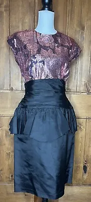 PARTY PROM DRESS Vintage 80s Big Bow Bubble Ruched Sz 11/12 Puffy Peplum Pink • $124.99