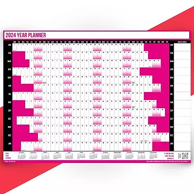 2024 A1 A2 Full Year Wall Planner Calendar Home Office Work Pink *PRICE DROP* • £4.99